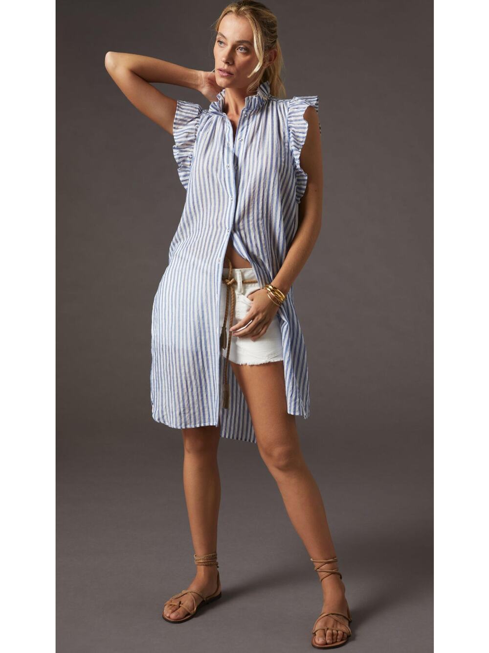 Maeve by Anthropologie White and Blue Striped Sleeveless Long Tunic